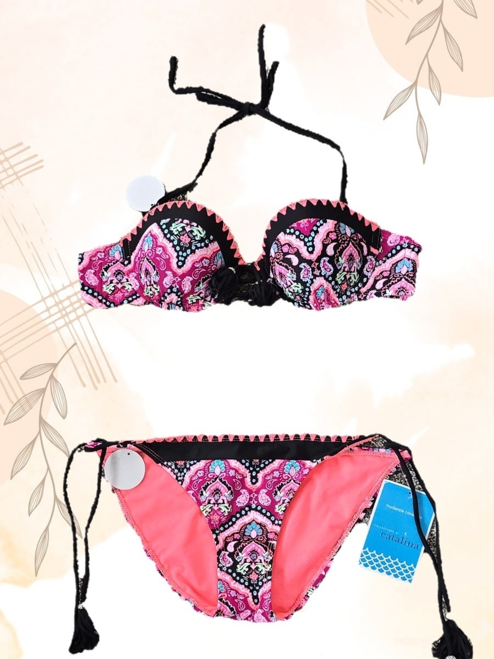 Catalina Pink & Black Paisley Push-Up Bandeau Bikini Set